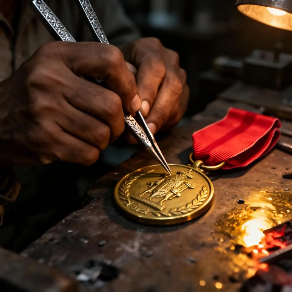 Skilled textile craftsman weaving military ribbons by hand