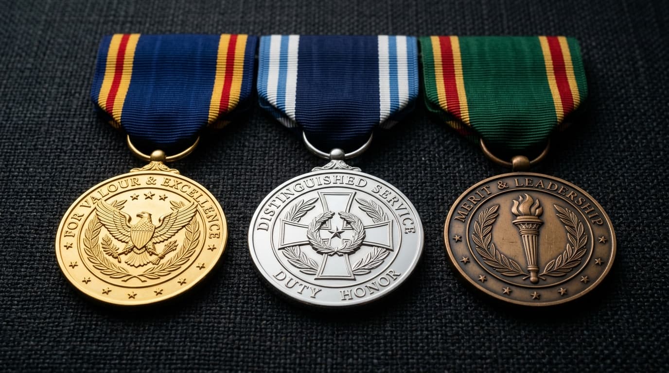 Finely plated military medals with striped ribbon suspension weave